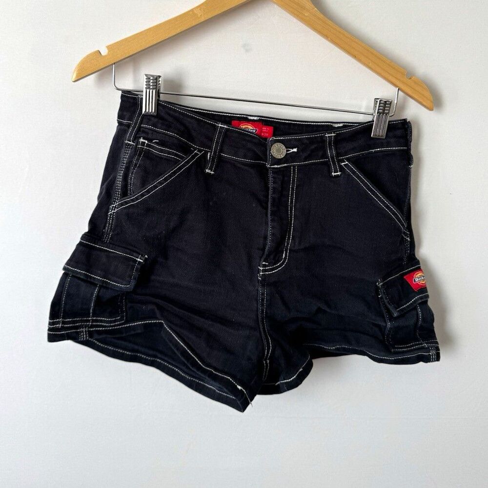 Dickies Girl Juniors 9/29 Black Cargo Denim Shorts Zip Pockets Logo J6065FB